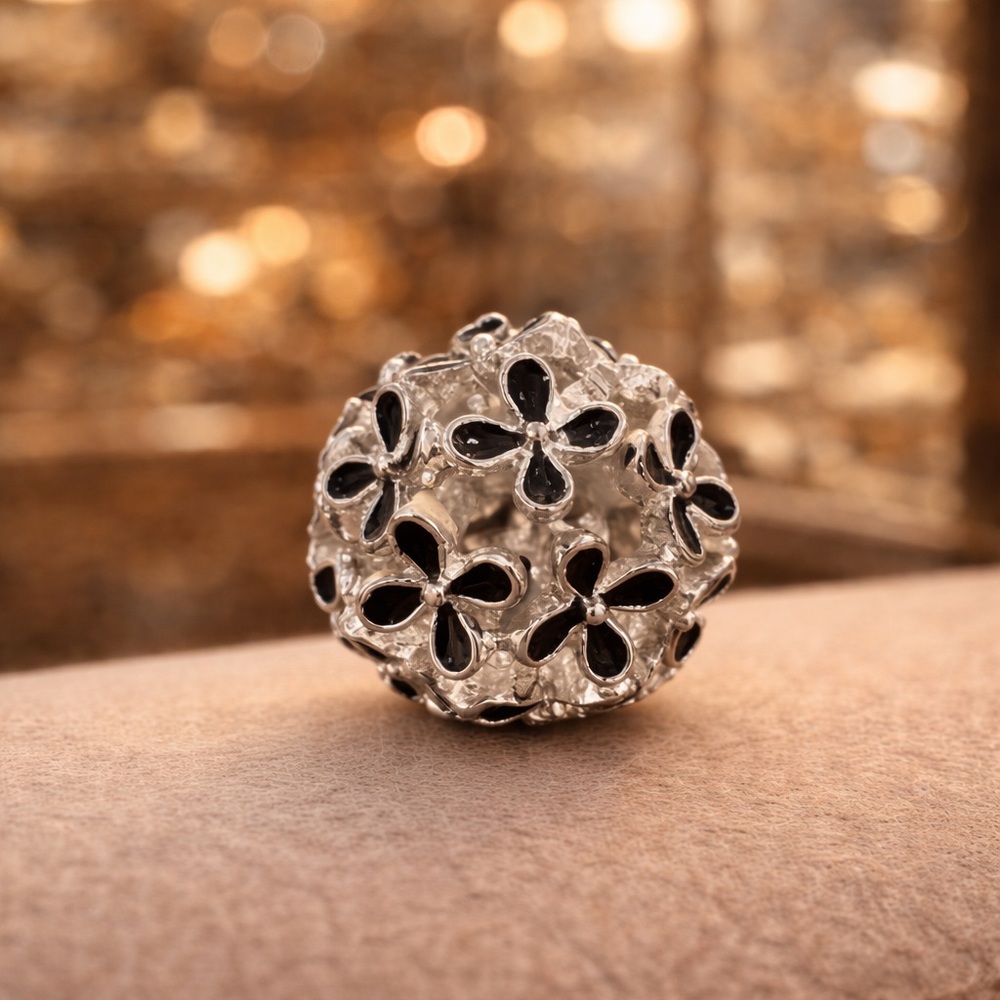 Silver Filigree Openwork Orb Pendant Floral Sphere Charm Vintage Style Boho Chic